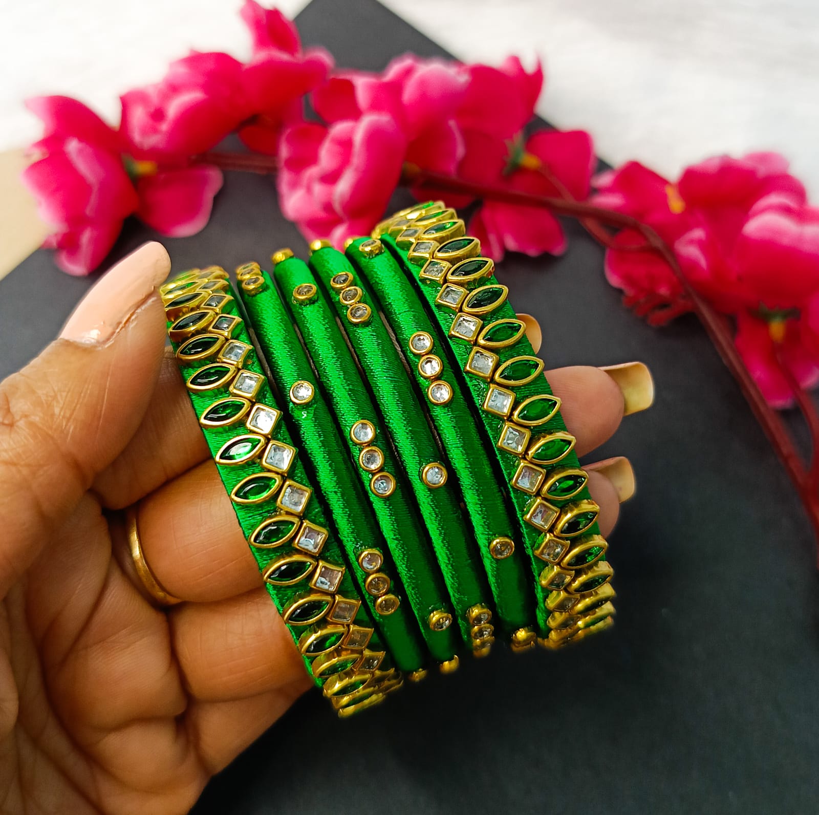 Silk Thread bangle Set Green SHARLPRAME Arts and Accessories